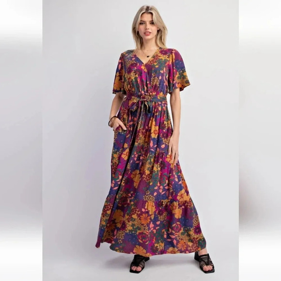 New Easel Floral Challis Short Sleeve Maxi Dress - Picture 3 of 6